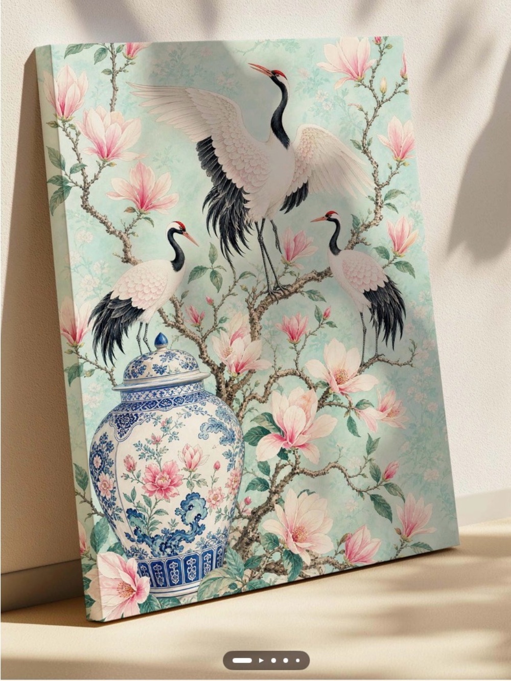 Floral Crane Canvas Wall Art in Pink and Mint